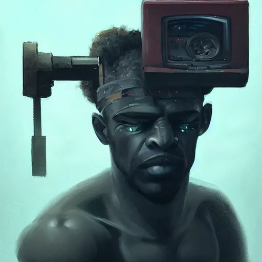 Image similar to ! dream artwork of a tv - headed muscular blacksmith man with a tv on his head, cool style, concept art, super detailed, 4 k hd, trending on artstation, digital painted, low contrast, made by greg rutkowski and viktoria gavrilenko