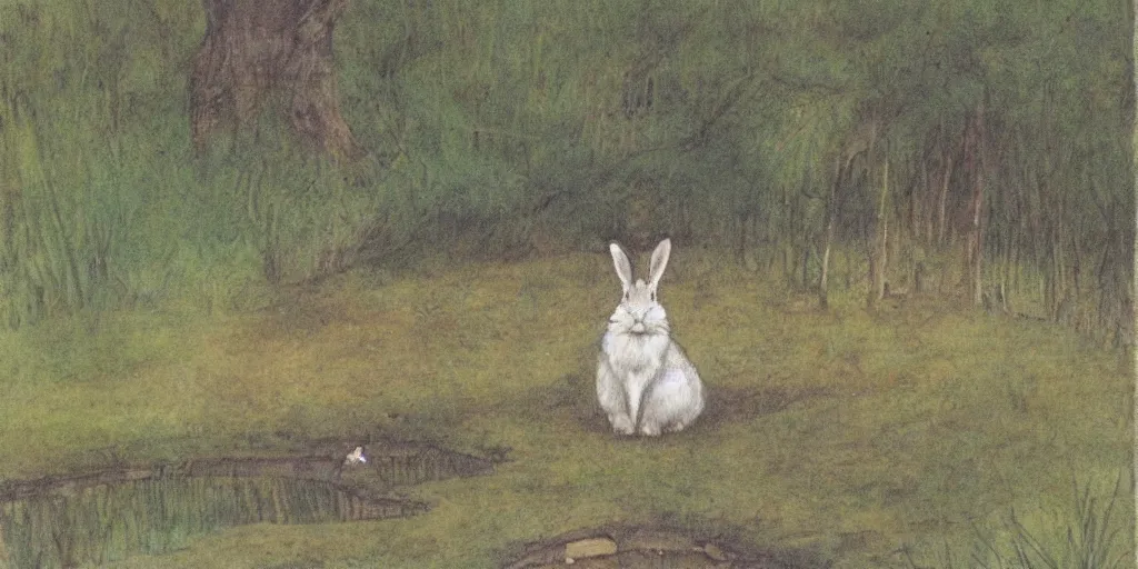 Prompt: a rabbit sitting by a pond, in the style of john bauer