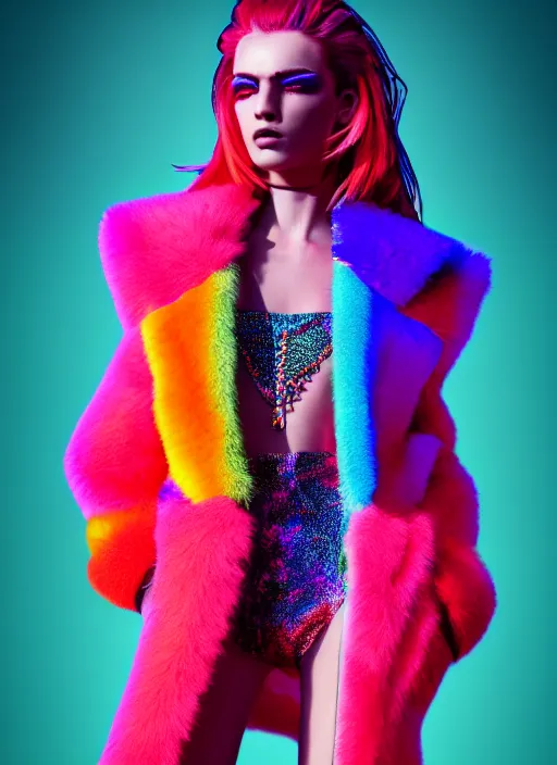 Image similar to stylish coat for a rave, bright colors, many details, prints, photo for a magazine, photo for a store, fashion photography, Vogue, 135 mm, cinematic, hyper realism, high detail, octane render, 8k, chrome accents, very coherent symmetrical artwork, perfect face model, full length photo, Upper and lower body, even skin tone