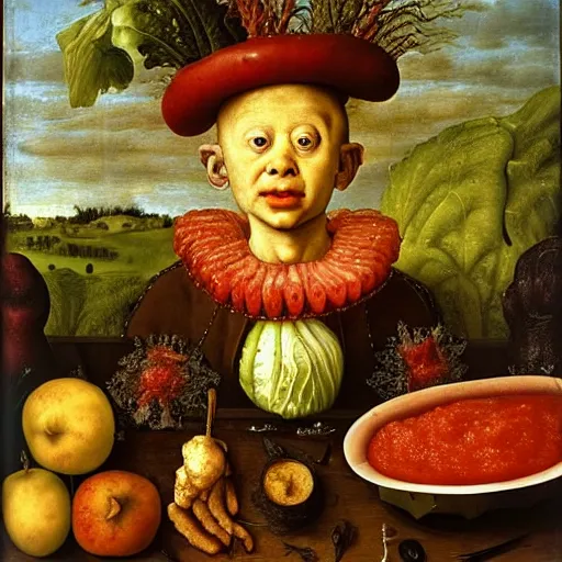 Image similar to a boy sitting in a tub full of ketchup, a lot of cabbage, dinner is served, by giuseppe arcimboldo and ambrosius benson, renaissance, fruit, intricate and intense oil paint, realistic