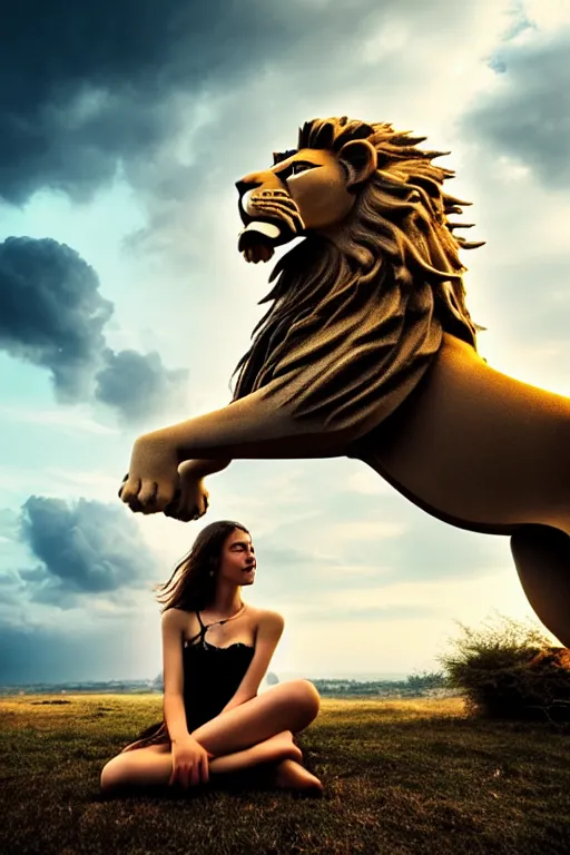 Image similar to girl riding on a lion, 2 0 year old girl, girl sitting on the lion, lion roaring, extremely detailed, high quality, cinematic, dramatic lightning, photo realistic, beautiful face, highly detailed face, 4 k