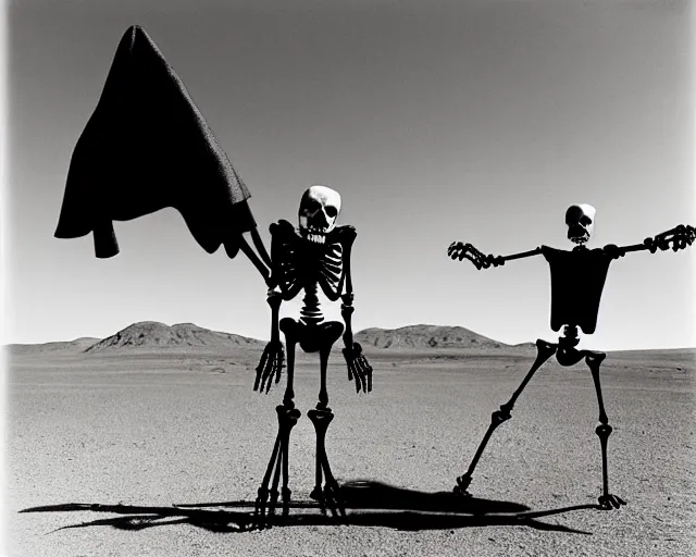 Prompt: by bruce davidson, by andrew boog faithfull redscale photography evocative. a beautiful kinetic sculpture of a skeleton creature, with a long black cape and a revolver standing in front of a desert mesa.