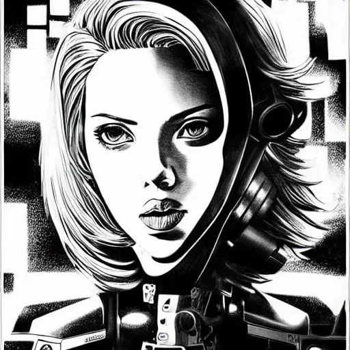 Image similar to scarlett johansson as a intricately detailed mechanical robot, black and white, dynamic angle, pencil and ink manga, elegant, highly detailed, dramatic lighting