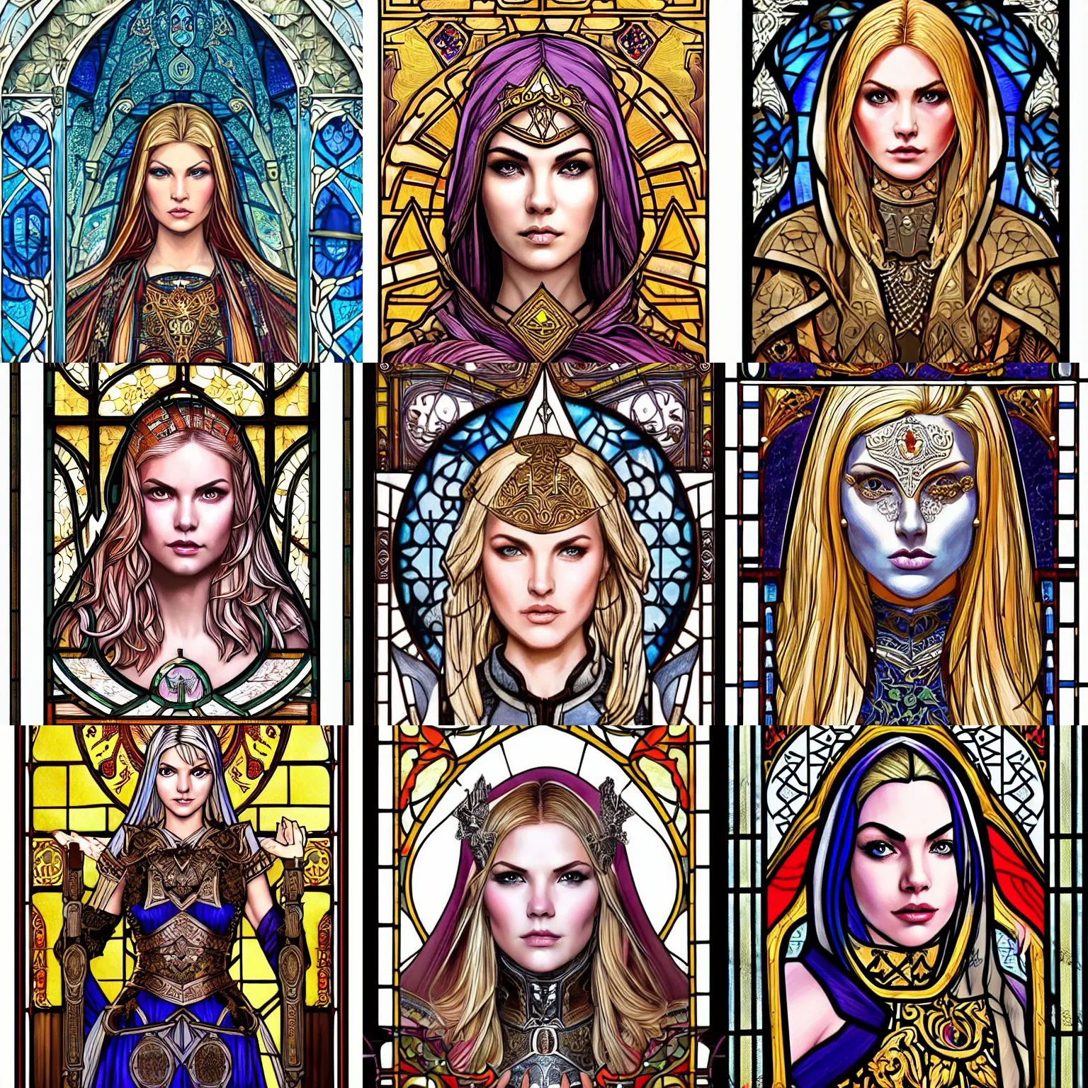 Prompt: head-on symmetrical centered painted portrait, Mais Hamdan and Elisha Cuthbert as a paladin, blonde hair, ornate iron armour, stained glass, art nouveau, tarot card style, fantasy, intricate, elegant, highly detailed, smooth, sharp focus, illustration, artstation, in the style of Artgerm and Anna Podedworna and Alex Ross and Mucha