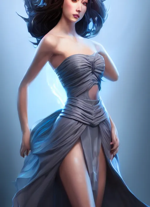 Image similar to beautiful fashion goddness, strapless dress, character portrait in the style of thomas river and artgerm, wlop, cinematic lighting, hyperdetailed, 8 k realistic, symmetrical, global illumination, radiant light, halo, love and mercy, frostbite 3 engine, cryengine, dof, trending on artstation, digital art, chanel