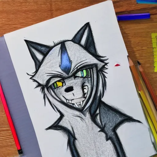 Image similar to anime style colored pencil sketch of an anthropomorphic wolf fursona furry male character wearing a hoodie, notebook drawing, realisitc photo