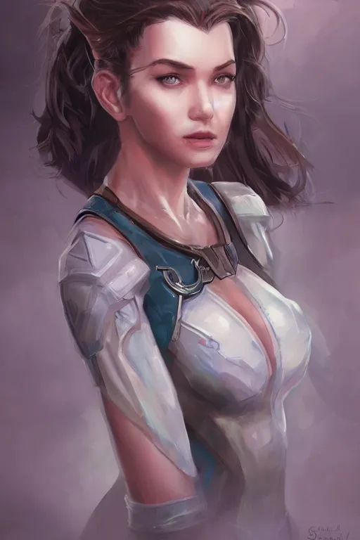 Image similar to three quarters portrait of a beautiful woman,super hero costume,heroic pose,highly detailed, digital painting,illustration, art by Stanley Lau