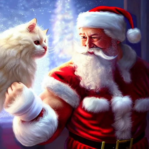 Prompt: buff muscular santa claus kissing a white fluffy cat in his workshop. dimly lit. dark. 4 k rtx hdr volume light concept studio matte painting environement digital illustration style artstation artur tarnowski, mihai muscan, marcin tomalak, marta leydy,