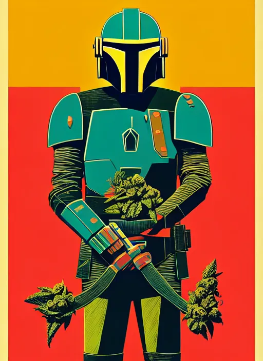 Image similar to ( ( dither ) ), super cannabis!!!!!! editorial illustration portrait of mandalorian, modern art deco, colorful, ( ( mads berg ) ), christopher balaskas, victo ngai, rich grainy texture, detailed, dynamic composition, wide angle, moebius, matte print, linocut wood block print