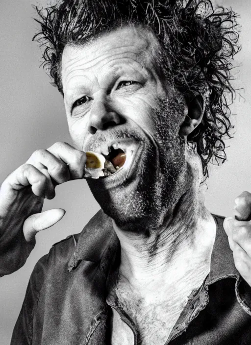 Image similar to Tom Waits eating pizza with ice cream on top, color photograph portrait 4k