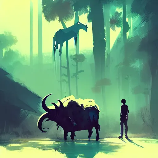 Image similar to ismail inceoglu and jama jurabaev's concept art, cel shadow, film shooting, trends on artstation, high quality, brush strokes, bright colors, giant demon goat skull in mysterious rainforest - w 8 9 6