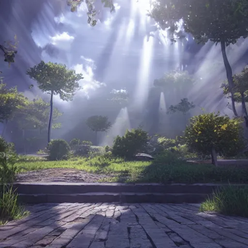 Image similar to long square in heaven, god rays, ray tracing, unreal engine, hyper realistic, fantastic art, highly detailed