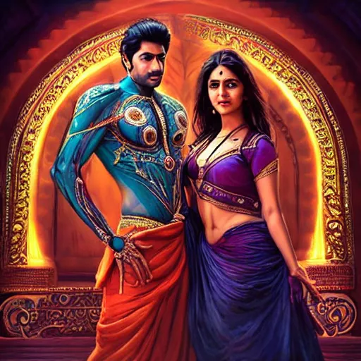 Prompt: perfectly centered bollywood movie promotional poster of anatomically correct hero and heroine romantic pose, faces symmetrical ; real life portrait, ultra realistic, high coherence, intricate, hdr, highly detailed, photorealistic, octane render, 8 k, unreal engine ; art by artgerm, greg rutkowski, charlie bowater, alphonse mucha