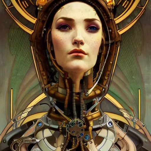 Image similar to close - up portrait of a beautiful female steampunk android in the style of ex machina, karol bak, alphonse mucha, greg rutkowski,