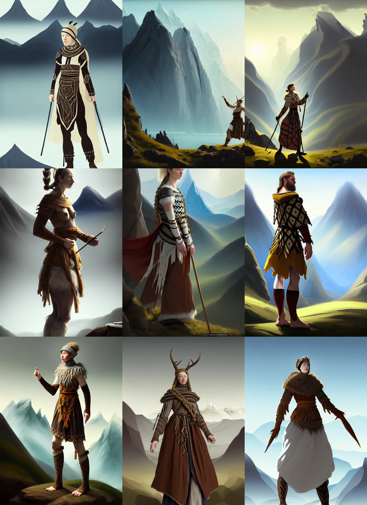 Prompt: costume design made by nordic tribes, sophisticated composition, old masters light composition, procedurally generated, epic human character posing for concept art, beautiful mountains behind, substance designer, PBR, HD, Ultra detailed, hyperrealistic, megascans, volumetric light, concept by master artist, made in paint tool SAI2, trending pixiv face, natural light, dissolution filter ,turbulence filter