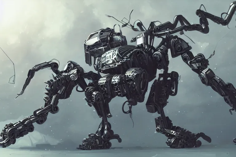 Prompt: a mechanical spider robot with guns digital painting, mixed media, trending on artstation and deviantart, epic composition, highly detailed, 8 k