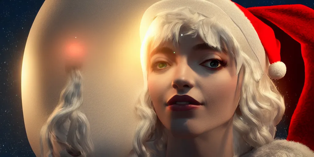 Image similar to portrait of greek moon goddess artemis wearing a santa hat, digital art, unreal engine, 3 d render, cinematic lighting