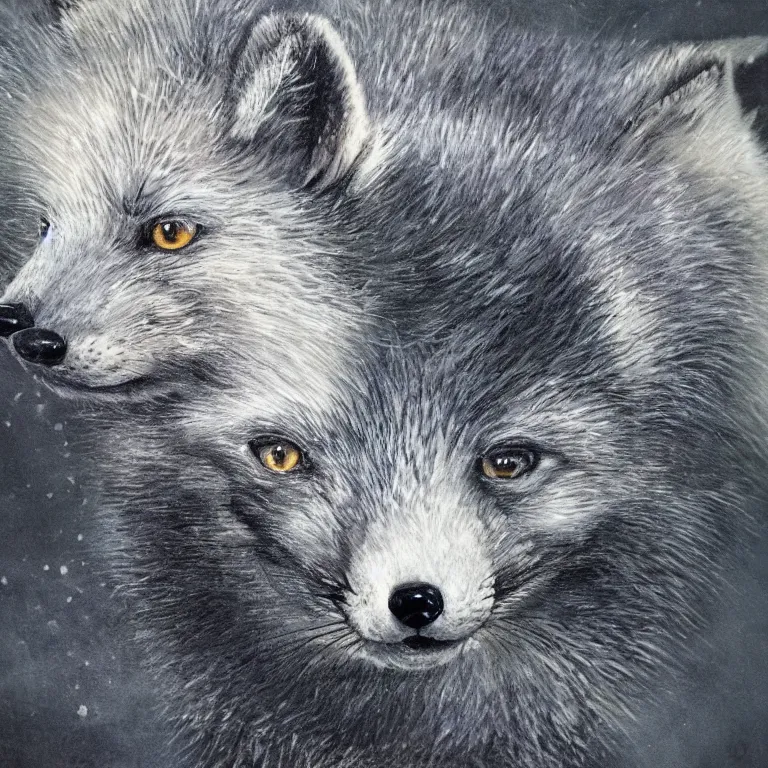 Image similar to hyperrealistic portrait of arctic fox bring ice and fire and destruction to the world photorealistic symmetrical detailed fracta central compositionl