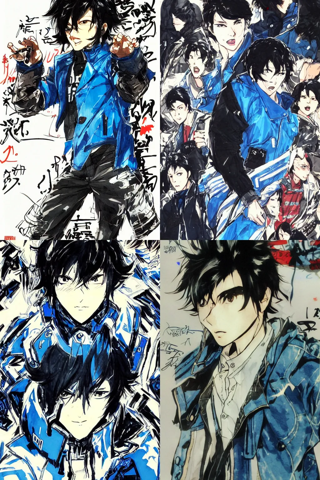 Prompt: black-haired teenager with short wavy middle-parted hair, wearing a blue jacket, he is chipper and excited. drawn by Yoji Shinkawa. character design