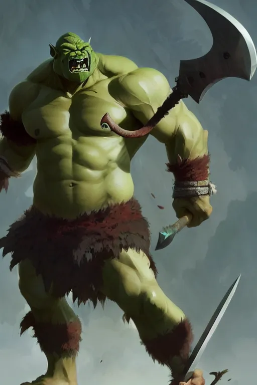 Image similar to orc barbarian male, green skin, exquisite details, big axe, earth magic, mid view, design on a white background, by studio muti, greg rutkowski makoto shinkai takashi takeuchi studio ghibli