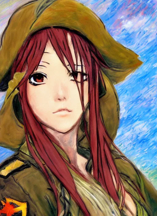 Image similar to a portrait of a female pirate, camouflage uniform, very anime in impressionist style, anime trending artwork, anime painter studio, by claude monet