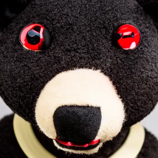 Image similar to black teddy bear with red eyes, face close up, realistic, highly detailed, studio photo, dark lighting