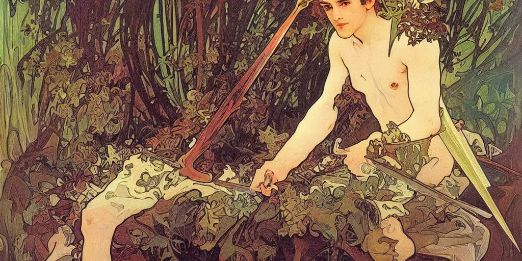 Prompt: An elf prince with a sword ,alphonse mucha