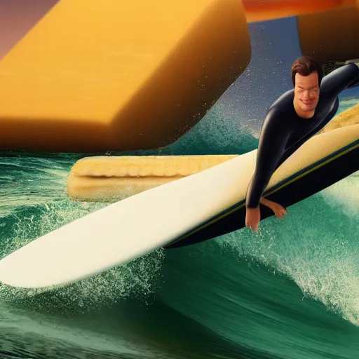 Image similar to dutch mark rutte hyperrealistic, octane render, surfing on a cheese sandwich