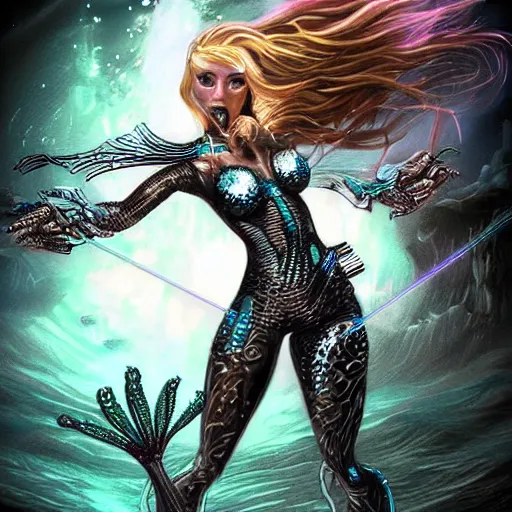 Prompt: mermaid cyborg with a laser whip, realistic, detailed, uncropped, fantasy art