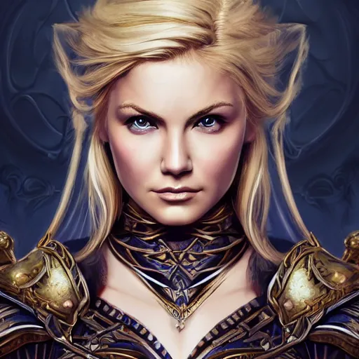 Prompt: head-on centered symmetrical painted portrait, Elisha Cuthbert as a paladin, blonde hair, ornate RPG armour, dramatic lighting, intricate, fantasy, intricate, elegant, highly detailed, digital painting, smooth, sharp focus, illustration, dramatic lighting, artstation, in the style of Artgerm and Anna Podedworna and Ilya Kuvshinov