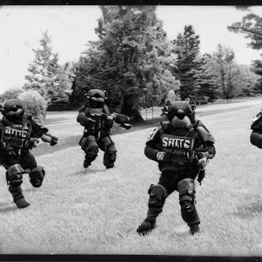 Prompt: Polaroid photo of a SWAT team of furry fandom fursuiters with tails engaging in a training exercise at the FBI Academy in Quantico, Virginia.
