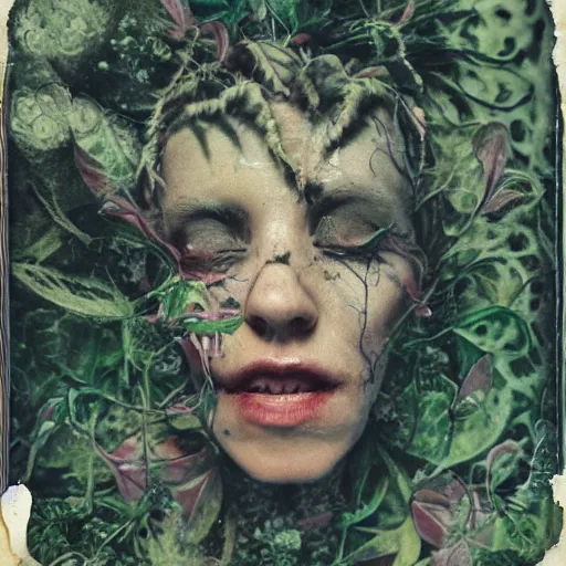 Image similar to a beautiful detailed front view portrait of a rotten woman corpse with fractal plants and fractal flowers growing around, volumetric light, beautiful lit, polaroid photography