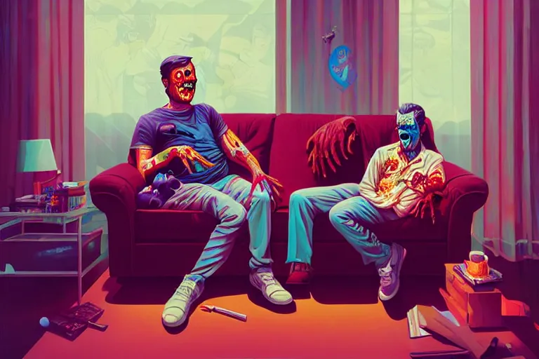 Image similar to a zombie dad sitting on the couch and watching tv, tristan eaton, victo ngai, artgerm, rhads, ross draws