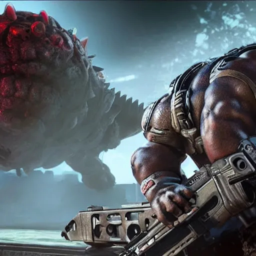 Image similar to Venusaur in gears of war, splash art, movie still, detailed face, photorealistic facial features, cinematic lighting, dramatic, octane render, long lens, shallow depth of field, bokeh, anamorphic lens flare, 8k, hyper detailed, 35mm film grain