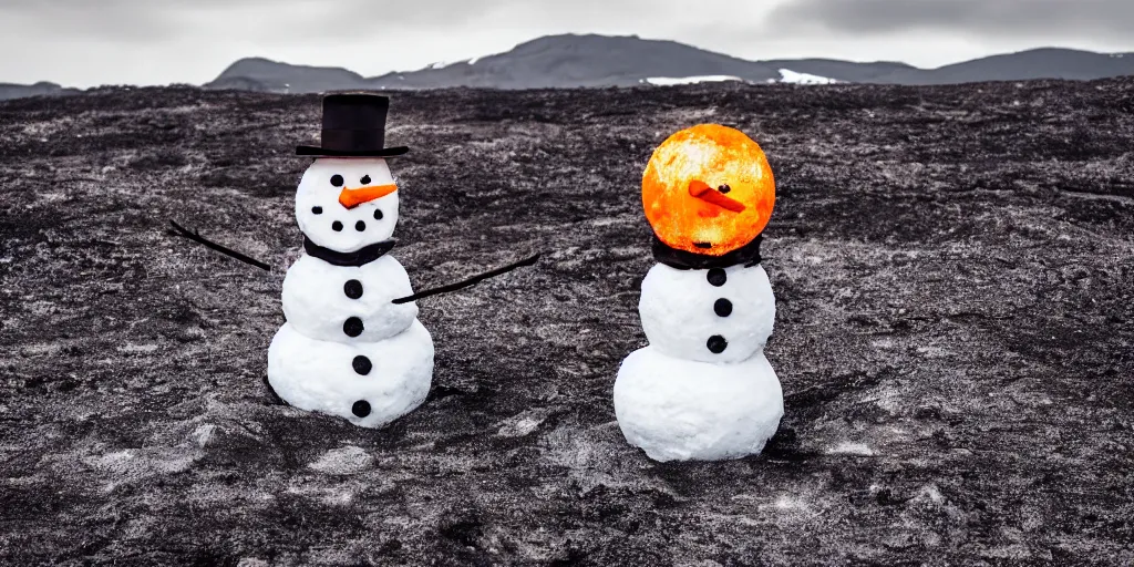 Image similar to a snowman standing on top of the sun. the ground is made from fire and lava and is glowing orange. cinematic, dramatic, atmospheric, extremely coherent, 8 k, space