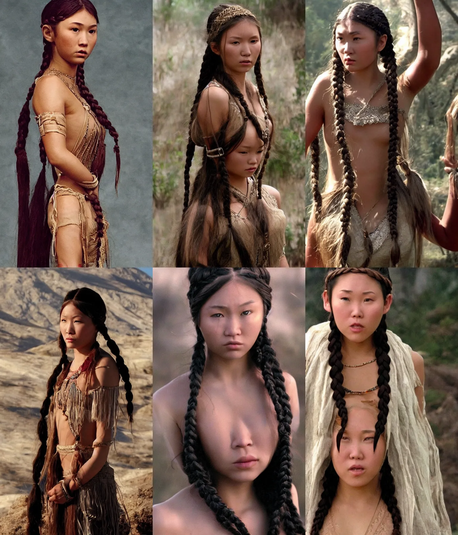 Prompt: too realistic film prop of the ethereal upper body of a half giant half Kazakh woman with braids, 2008 cinematography