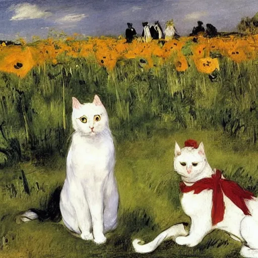 Image similar to a couple whith a white cat with yellow eyes in a field of poppy, by manet