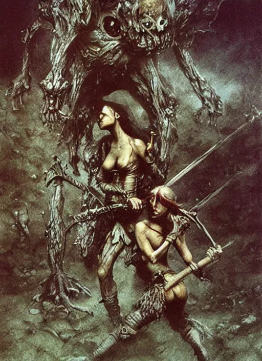 Image similar to bald barbarian girl fights goblins by Beksinski and Luis Royo