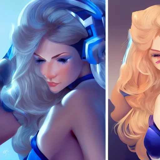 Prompt: portrait of beautiful gamergirl with blond hair and blue eyes, League of Legend illustration by Sam Youn:2, profile picture by Gil Elvgren:2, asymmetrical, Organic Painting, Ambient Occlusion:3, Matte Painting, bold shapes, hard edges, street art, trending on artstation, realistic:2 by Sachin Teng:5