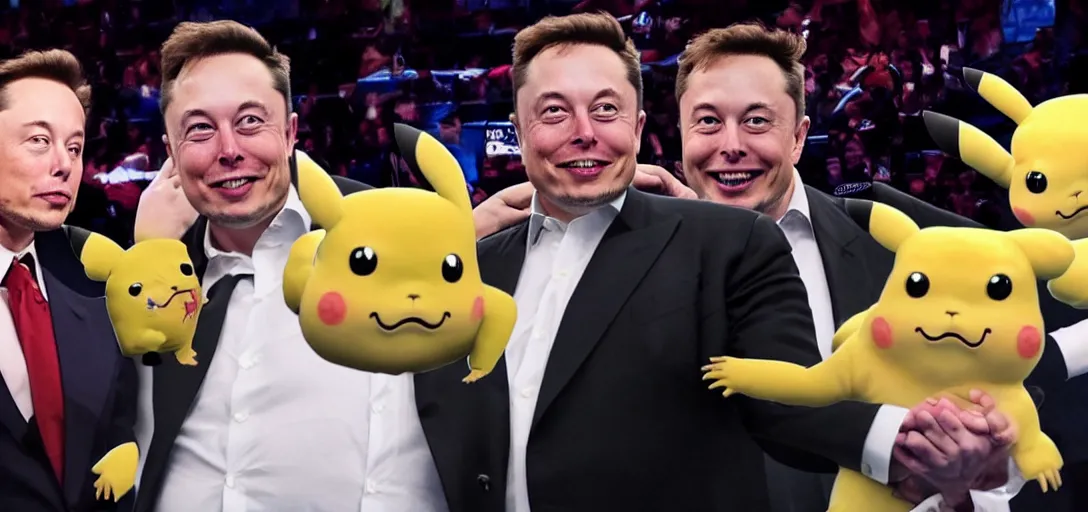 Image similar to elon musk in a boxing arena against donald trump with a crowd of pikachus