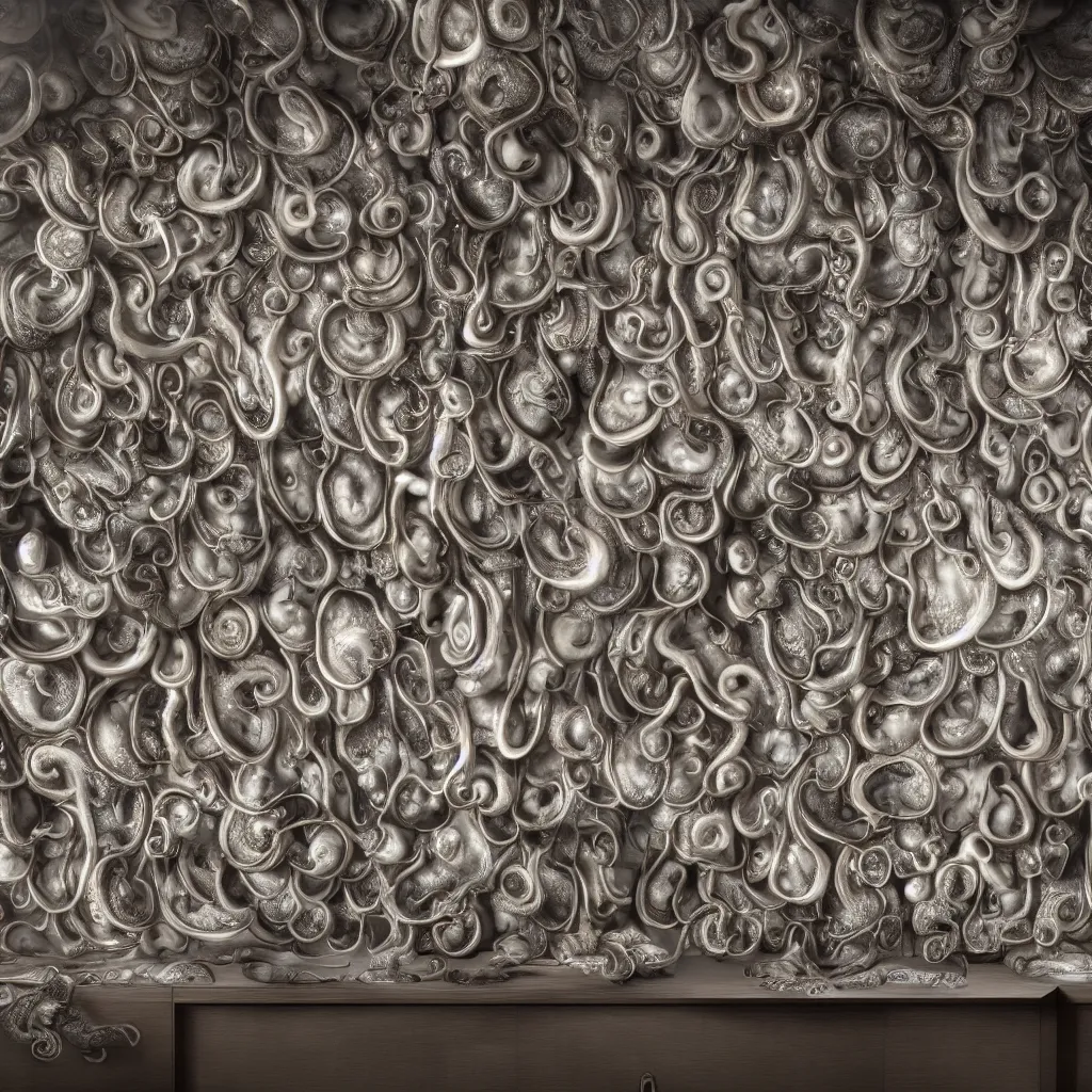 Image similar to a wideshreen photo of a huge cabinet full of octopuses cinematic lighting, silverplate, hyper realistic, very detailed, Octane render 8k