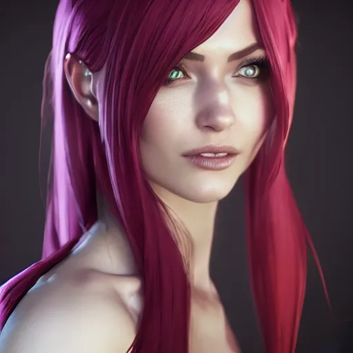 Prompt: Katarina from League of Legends, photorealistic studio portrait, studio lighting, unreal engine 5, hyperrealistic, dynamic lighting, white ambient background, realistic, highly detailed