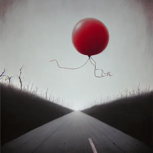Prompt: grunge painting of an empty road with a wide smile and a red balloon by Zdzisław Beksiński, loony toons style, pennywise style, corpse bride style, creepy lighting, horror theme, detailed, elegant, intricate, conceptual, volumetric light