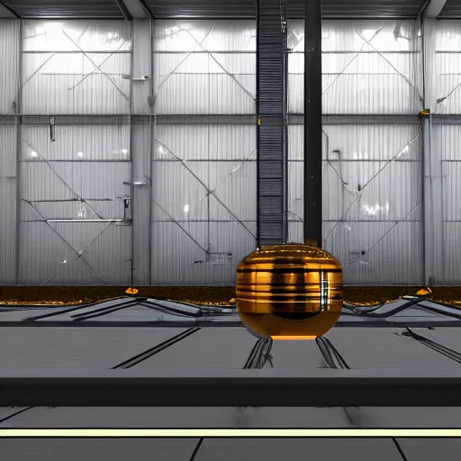 Image similar to big metallic capsule connected to pipelines, purpose is pump, standing in large industrial hall, designed by best engineers, raytracing, reflections