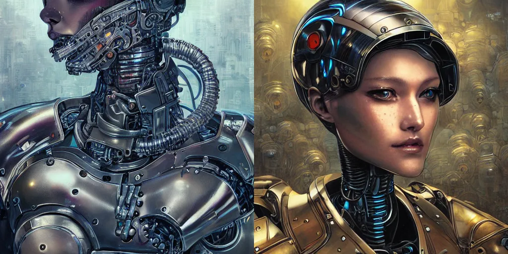 Prompt: portrait of a female robot wearing mechanical armor, face is highly detailed, by ayami kojima, masamune shirow, josan gonzalez, yoshitaka amano, dan mumford, barclay shaw