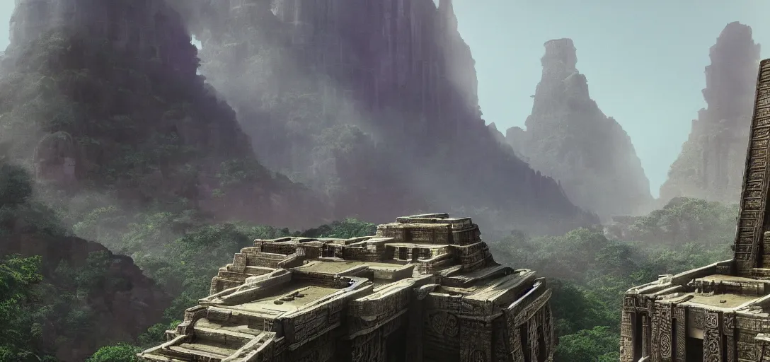 Prompt: beautiful highly detailed matte painting of an intricate mayan futuristic brutalist jade ancient temple in a valley surrounded by canyons, by Craig Mullins and Denis Villeneuve, octane rendering, 8k