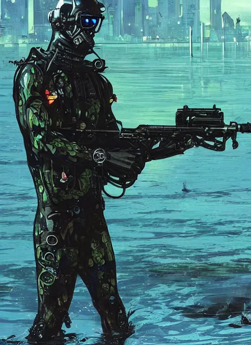 Image similar to Chidi. USN blackops operator emerging from water at the shoreline. Operator wearing Futuristic cyberpunk tactical wetsuit and looking at an abandoned shipyard. Frogtrooper. rb6s, MGS, and splinter cell Concept art by James Gurney, Alphonso Mucha. Vivid color scheme.