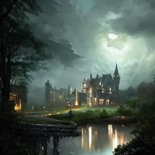 Image similar to a hidden village in the trees, victorian setting, dramatic light, castle background, clouds, moon, storm, night, high detail, fantasy background, painted by greg rutkowski, digital art, trending on artstation