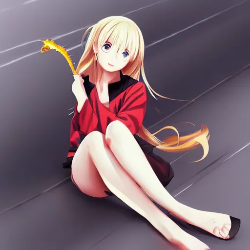 Prompt: advanced digital anime art, a seductive female teen with red eyes and blonde hair that is to waist length wearing a dark grey school outfit slipping on a banana peel . drawn by Shikamimi, WLOP,rossdraws