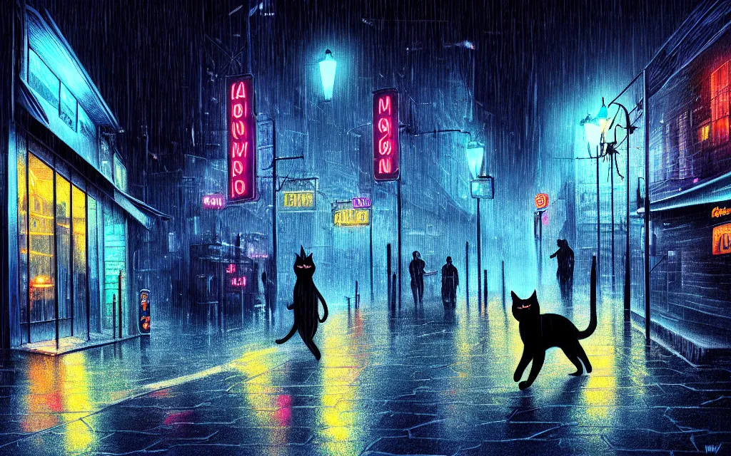 Image similar to black cat running through heavy rain in an emprty neon lit street at night by wlop, ultra detailed color art, high detail, digital art